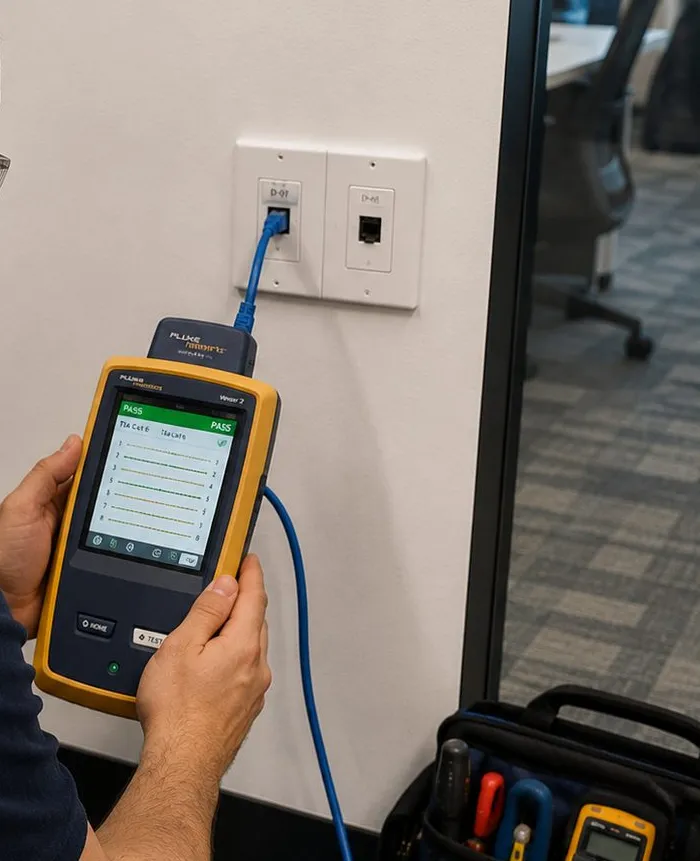 Cable certifier reading a pass at a wall jack - testing behind Harlem, Manhattan keyless doors Handheld cable certifier showing a pass result while connected by blue cable to a wall jack, low-voltage testing for Harlem Manhattan keyless entry
