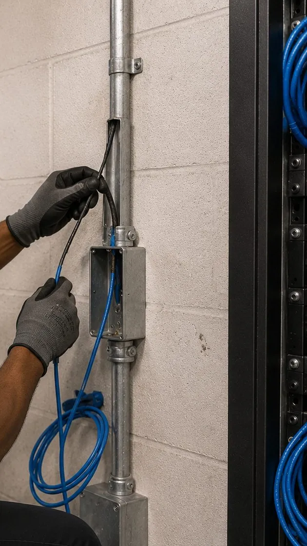 Feeding cable through a conduit riser on a block wall - pathways for Harlem, Manhattan door controllers Gloved hands feeding blue network cable into a metal conduit riser and junction box on a painted block wall, low-voltage pathway for a Harlem Manhattan entry system