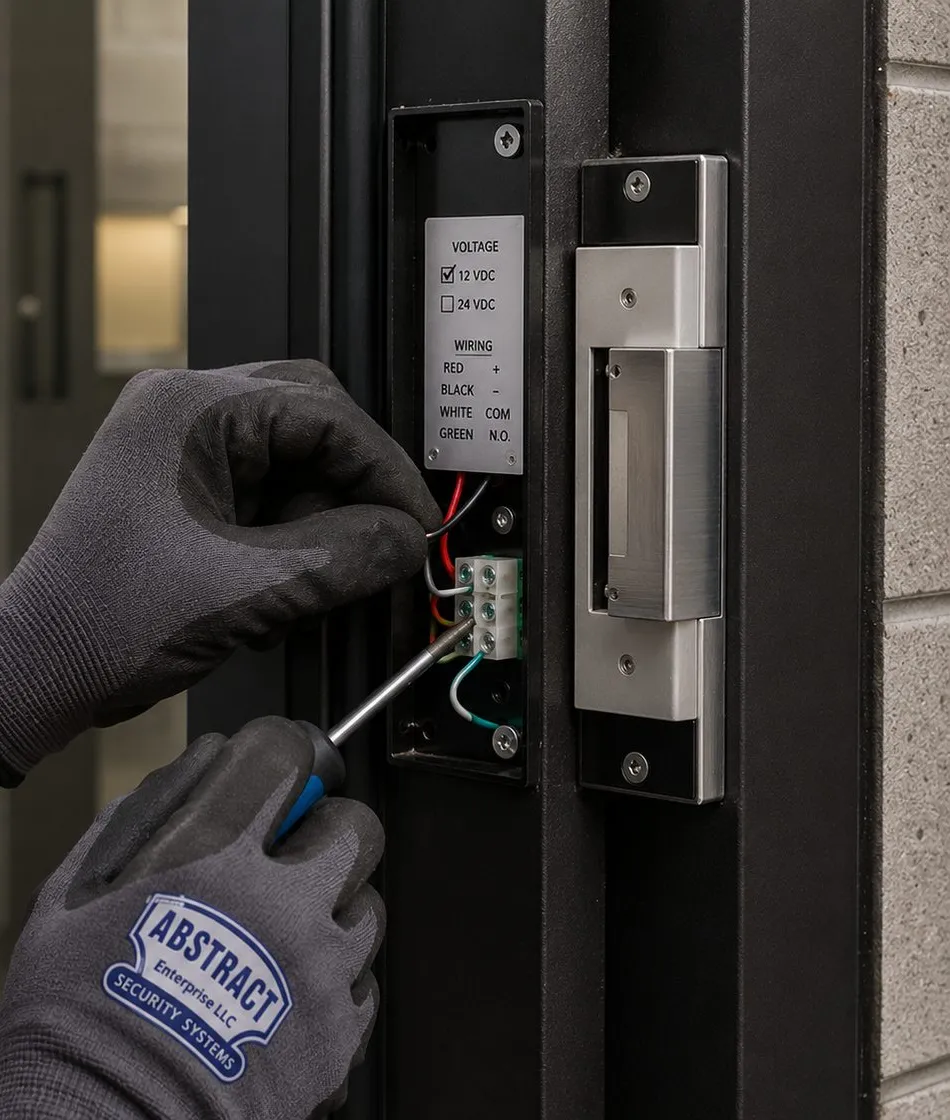 Electric strike terminal block and wiring label in a steel frame - building door work in Harlem, Manhattan Technician tightening wires on a terminal block below a labelled voltage and wiring plate beside an electric strike in a steel door frame, Harlem Manhattan
