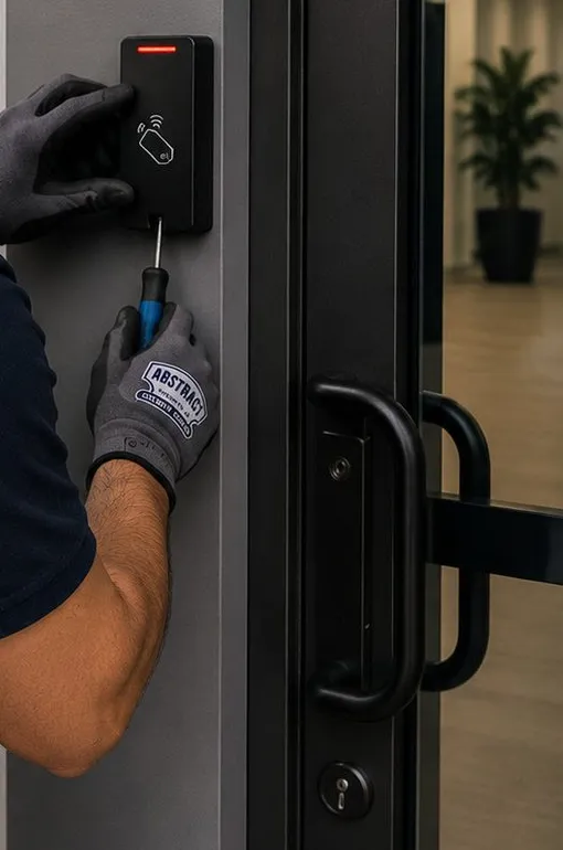 Proximity reader being screwed to a door frame beside a glass entrance - fob access for Harlem, Manhattan Installer with gloved hands fixing a proximity card reader to the frame beside a glass door with a pull handle, keyless entry Harlem Manhattan