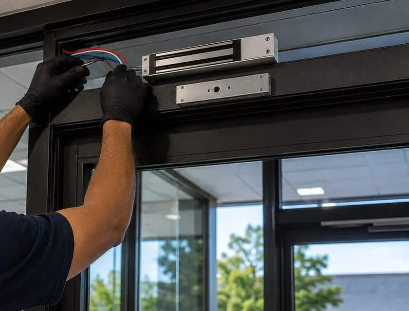Magnetic lock and armature being wired at a glass door header - storefront keyless entry in Harlem, Manhattan Gloved hands wiring an electromagnetic lock and armature plate at the header of a glass entrance door, commercial keyless entry Harlem Manhattan