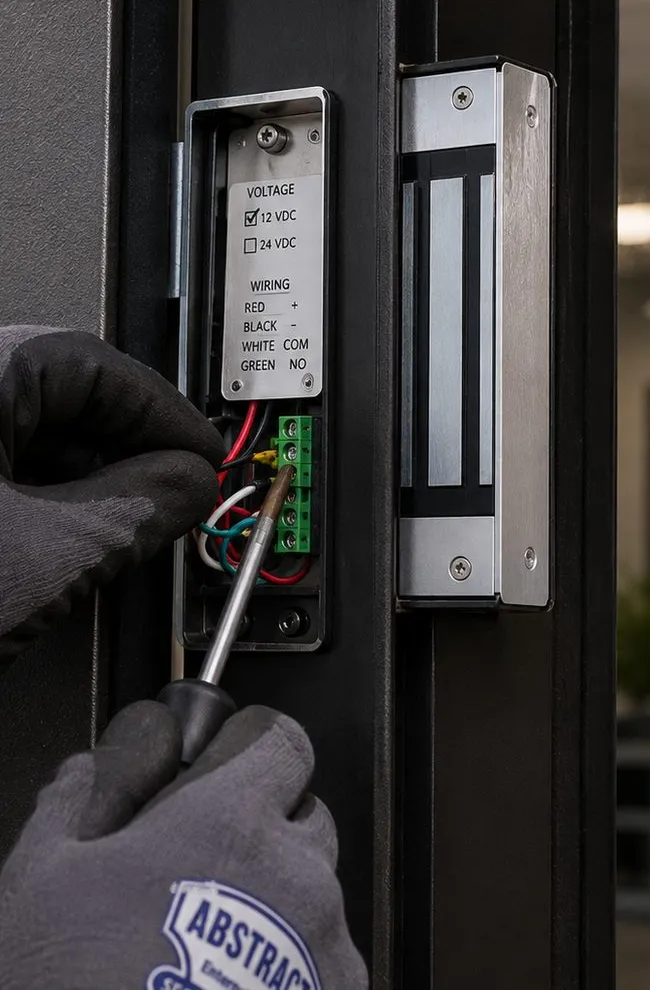Magnetic lock terminal block and voltage label on a door frame - keyless hardware wiring for Harlem, Manhattan Gloved hands with a screwdriver connecting coloured wires to a green terminal block under a voltage label next to a magnetic lock on a dark door frame, Harlem Manhattan