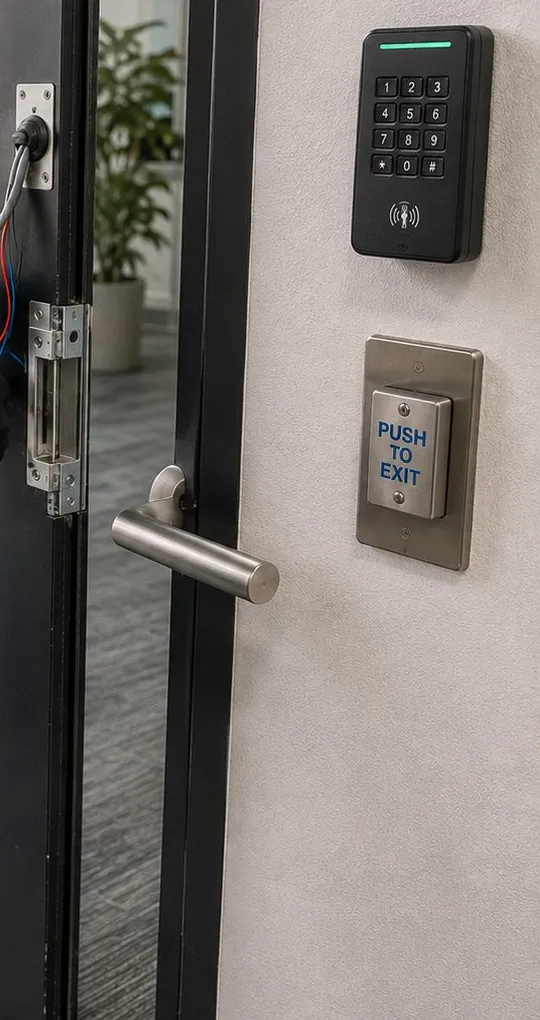 Keypad, exit button and electric strike on one entry door - Harlem, Manhattan keyless entry Keypad reader, push-to-exit button, lever handle and electric strike on a glass entry door, smart lock installation Harlem Manhattan