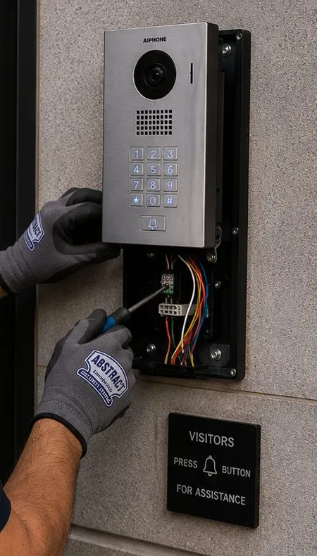 Video intercom panel with keypad being wired at a stone entrance - street-door entry for Harlem, Manhattan buildings Stainless video intercom with numeric keypad opened for wiring on a stone entrance wall beside a visitor sign, Harlem Manhattan street door