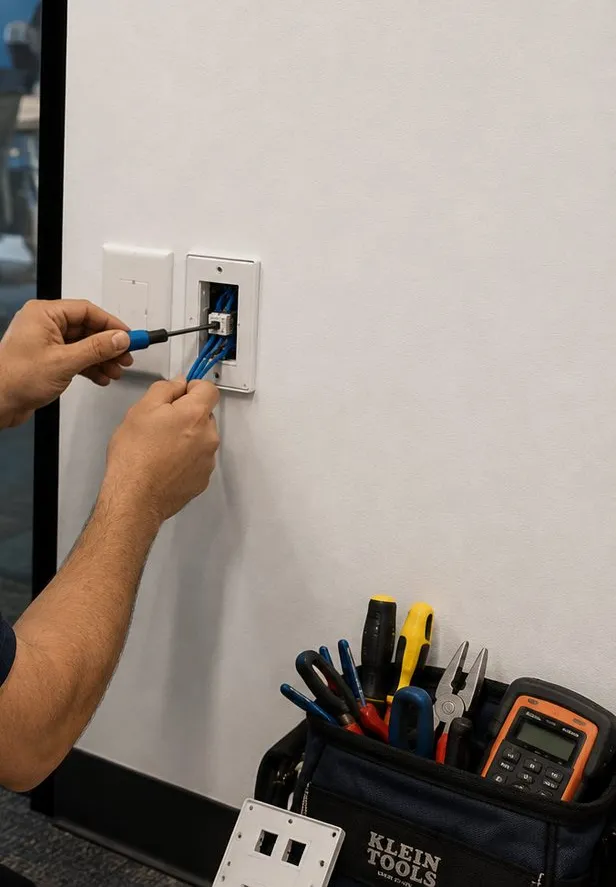 Terminating a data jack in a wall plate - wired connection for a door controller in Harlem, Manhattan Hands terminating a blue cable into a data jack on a white wall plate with a tool bag below, wired port for a reader controller Harlem Manhattan