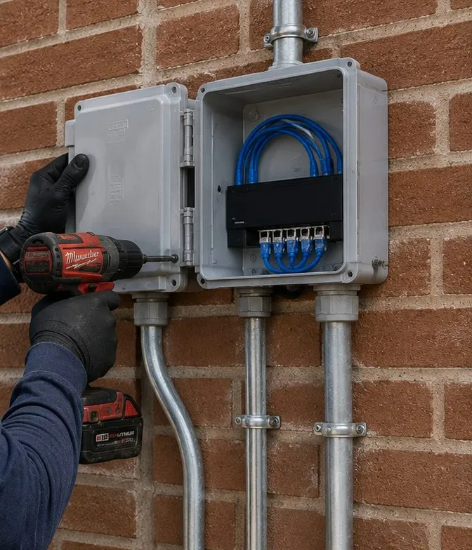 Weatherproof enclosure and conduits on an exterior brick wall - wiring work for Harlem, Manhattan street doors Gloved installer opening a grey weatherproof enclosure with network cable inside, fed by three metal conduits on a brick wall, Harlem Manhattan building entry wiring