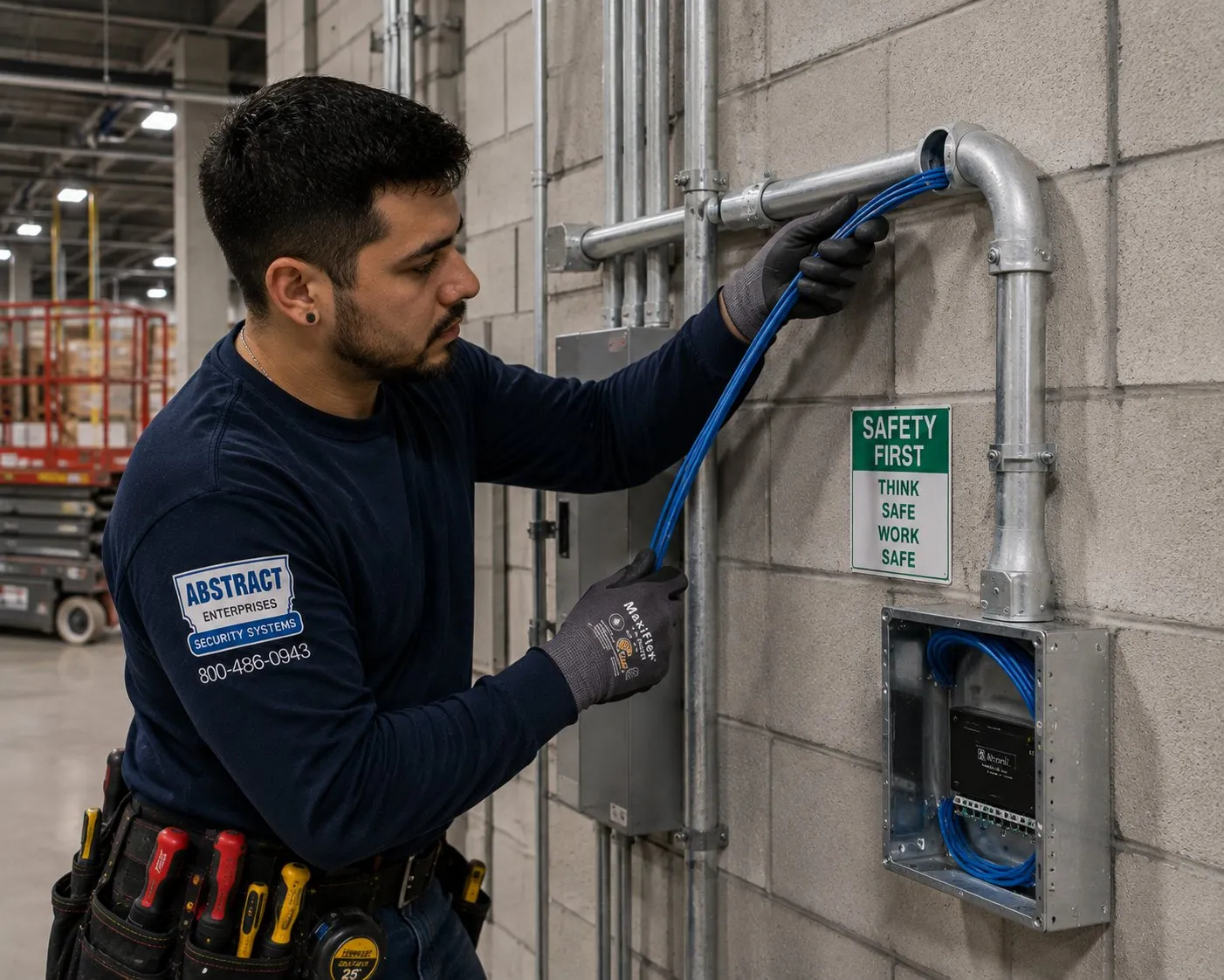 Cable pulled through conduit on a block wall — Hudson Valley smart lock outbuilding wiring Technician feeding blue cable through rigid conduit and an elbow on a block wall into a metal box, the type of run used to reach outbuilding doors in Hudson Valley smart lock installation
