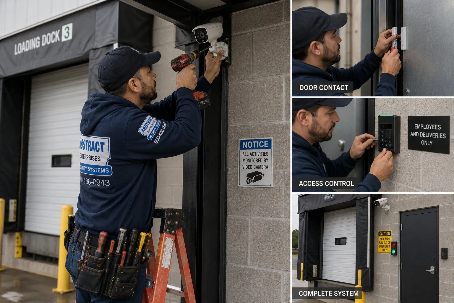 Door contact, keypad and finished entry panels — Hudson Valley smart lock installation Composite of a technician installing a device above a loading-dock doorway, with panels showing a door contact being fitted, a keypad on the wall and the finished entry, Hudson Valley smart lock and door security installation