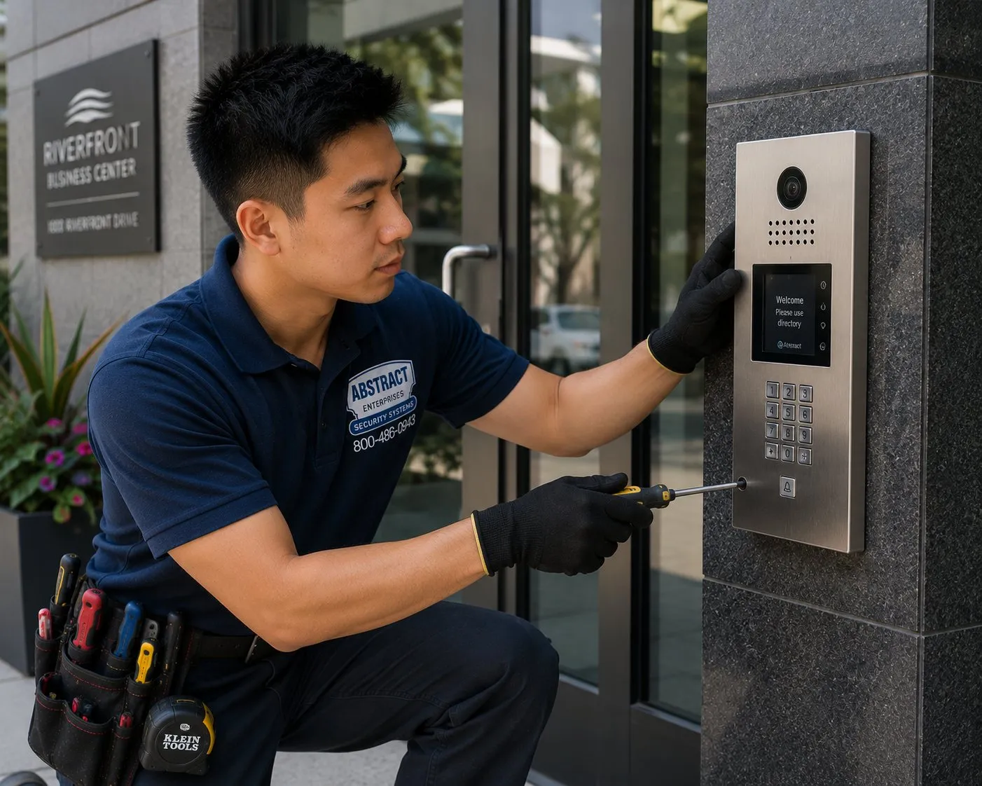 Keypad entry panel fixed to a stone pillar — Hudson Valley smart lock installation Technician kneeling to fasten a keypad entry panel with a camera to a granite pillar beside a glass entrance door, Hudson Valley smart lock and keypad installation