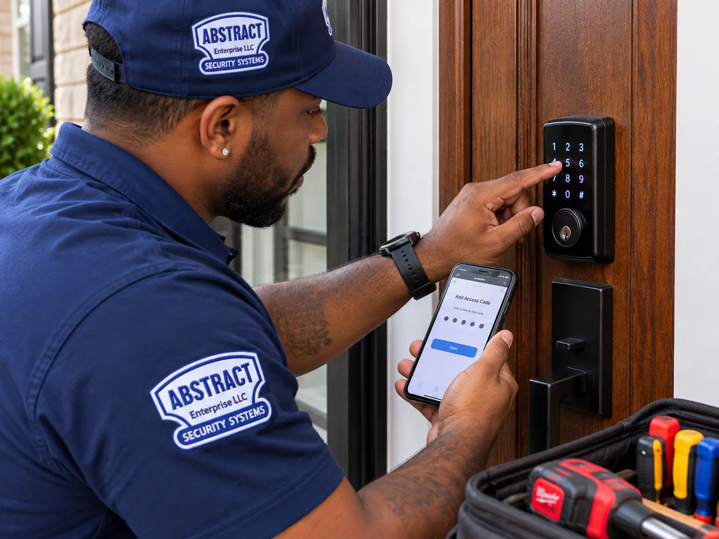 Adding a user access code in a smart lock app at the door, Jackson Heights Queens Technician adding a new access code in the smart lock app while testing it on the keypad in Jackson Heights, Queens