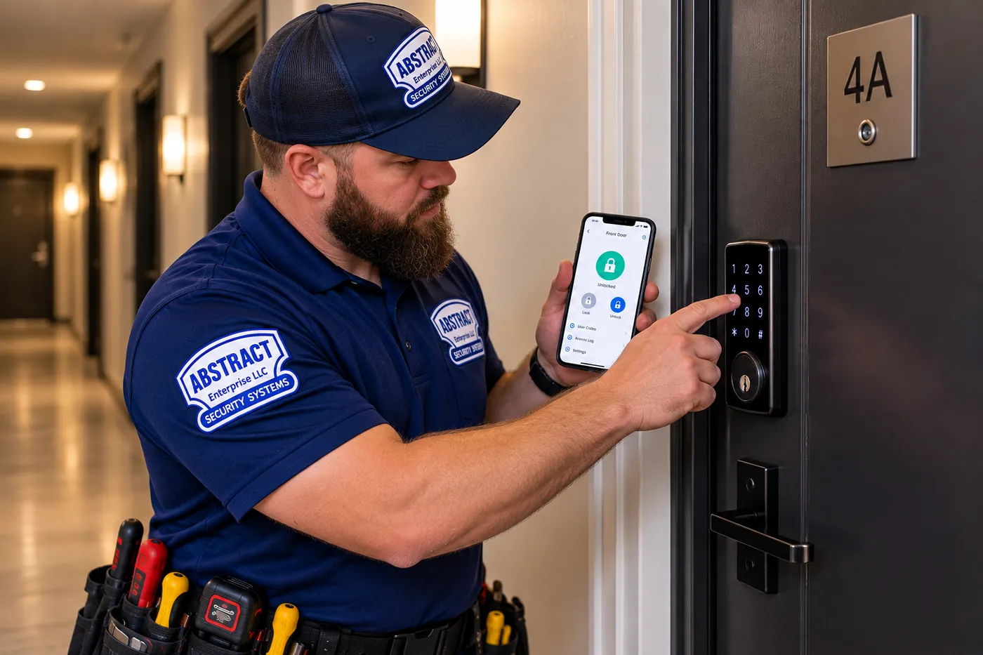 Testing a keypad smart deadbolt on an apartment hallway door with the phone app, Kingsbridge Bronx AESS technician pressing the keypad of a smart deadbolt on apartment door 4A while checking the lock app, smart lock installation in Kingsbridge, Bronx
