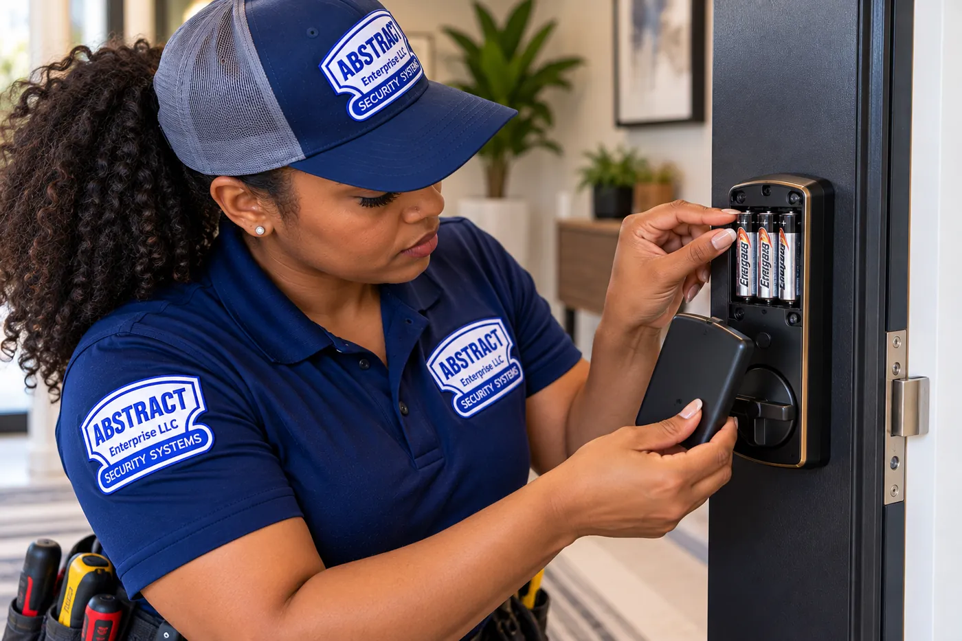 Swapping batteries in the interior unit of a smart lock on a service visit, Kingsbridge Bronx Technician sliding fresh AA batteries into the interior unit of a smart lock on a dark apartment door, smart lock service in Kingsbridge, Bronx