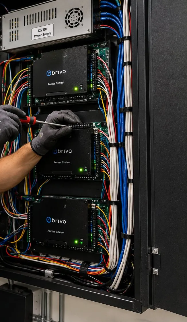 Access control boards in an open wiring enclosure, Long Island City Queens Gloved hands working on access control boards and colour-coded wiring inside an open wall enclosure, Long Island City Queens building