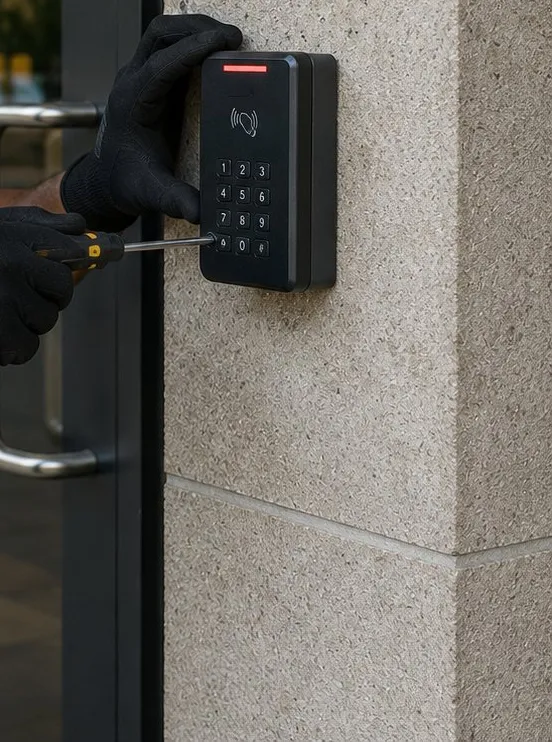 Keypad card reader being fixed beside a glass entrance, Long Island City Queens Gloved hand fastening a keypad card reader to a textured stone wall beside a glass entrance door, Long Island City Queens building entrance
