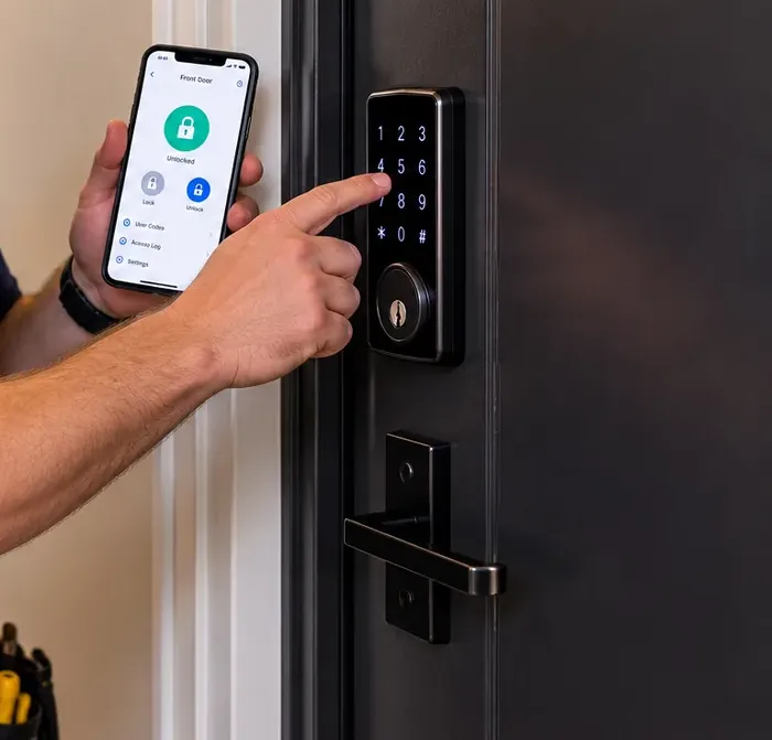 Keypad deadbolt and lock app at an apartment corridor door, Long Island City Queens Hand pressing the keypad of a smart deadbolt on a dark apartment door while the other hand holds the lock app, Long Island City Queens corridor