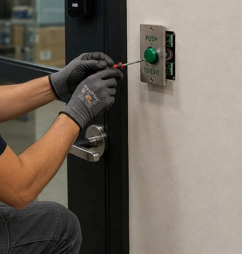 Push-to-exit button being wired beside a door, Long Island City Queens Gloved hands wiring the terminals behind a green push-to-exit button beside a door lever, Long Island City Queens office door