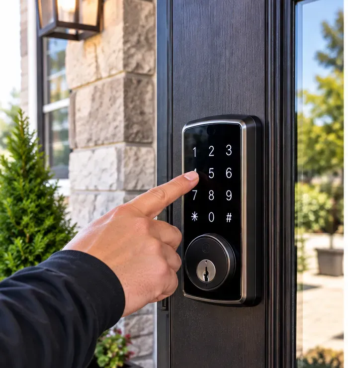 Code entered on a keypad smart deadbolt at a front door, Long Island City Queens Finger pressing the backlit keypad of a black smart deadbolt on a dark front door beside a stone wall, Long Island City Queens rowhouse entrance