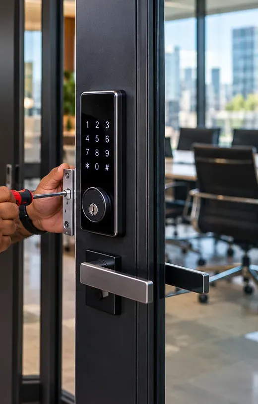 Keypad deadbolt on a glass office door frame, Long Island City Queens Keypad smart deadbolt and lever handle on the black frame of a glass office door, smart lock installation in Long Island City, Queens