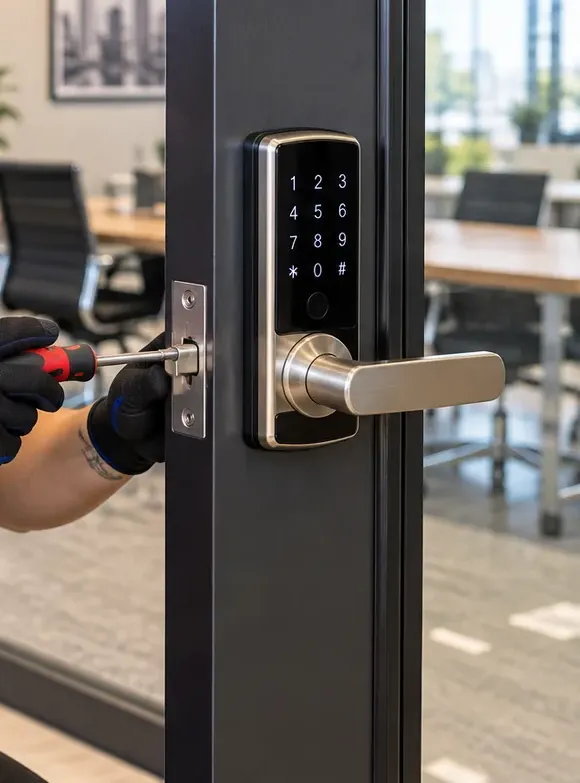 Keypad lever lock fitted to a glass office door, Long Island City Queens Keypad lever lock on the metal frame of a glass office door with a hand tightening the latch screws, Long Island City Queens office suite