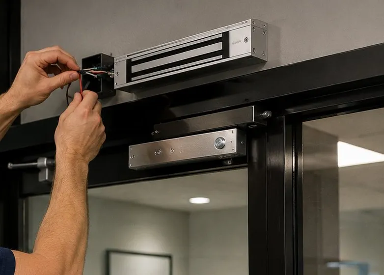 Magnetic lock being wired at a glass door header, Long Island City Queens Hands wiring a magnetic lock fixed to the header above a pair of black-framed glass doors, Long Island City Queens office suite entrance