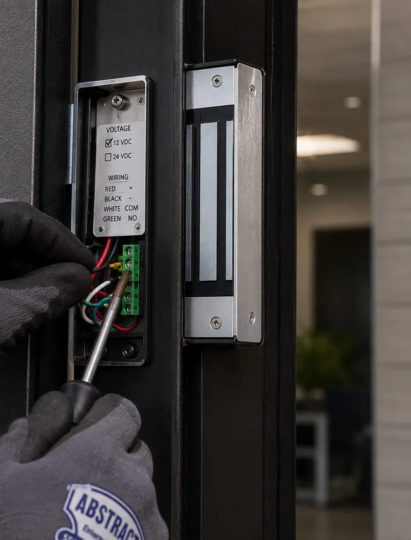 Magnetic lock terminal block opened for testing, Long Island City Queens Gloved hands with a screwdriver at the open terminal block of a magnetic lock on a dark door frame, smart lock repair in Long Island City Queens