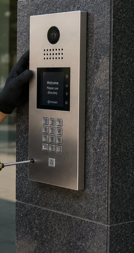 Video intercom entry panel on a stone pillar, Long Island City Queens Stainless video intercom panel with camera, screen and keypad mounted on a dark stone pillar beside an entrance, Long Island City Queens
