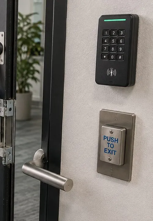Keypad reader and push-to-exit plate beside a glass door, Long Island City Queens Wall keypad reader above a push-to-exit plate beside the lever of a glass door, Long Island City Queens office entrance