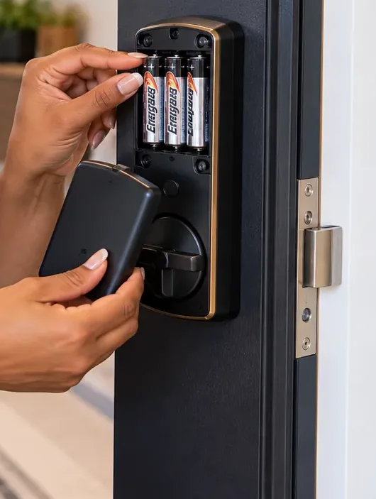 Changing AA batteries in a smart deadbolt interior unit, Morris Park Bronx smart lock service Fingers sliding AA batteries into the inside unit of a smart deadbolt with its cover off beside a steel latch, smart lock service in Morris Park, Bronx