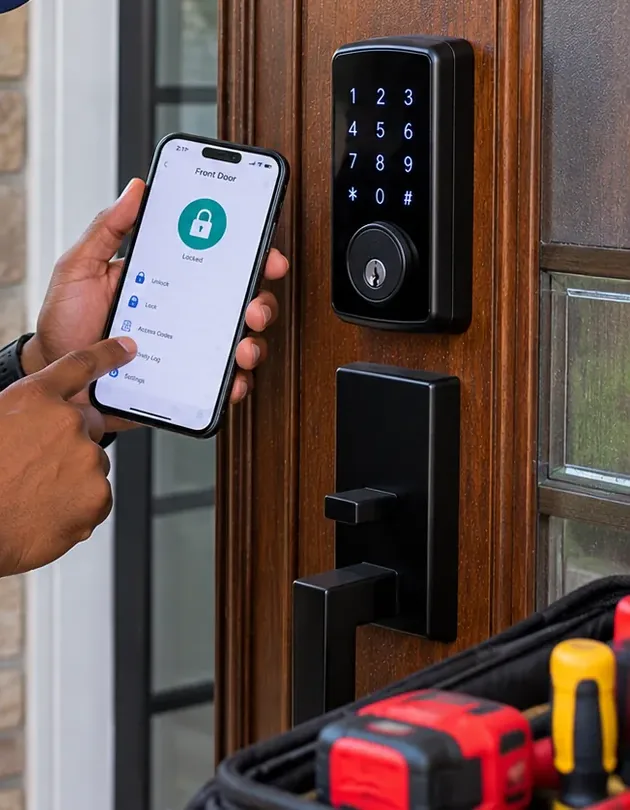 Phone app showing Locked beside a keypad deadbolt, smart lock handover check in Morris Park Bronx Hand holding a phone whose lock app reads Locked next to a black keypad deadbolt on a wood door, smart lock check for Morris Park, Bronx homes