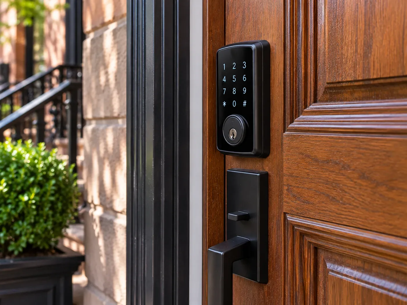 Keypad smart deadbolt and handleset on a wood entry door for Morris Park Bronx smart lock installation Black touch-keypad smart deadbolt above a matching black handleset on a stained wood front door, a reference photo for smart lock installation in Morris Park, Bronx