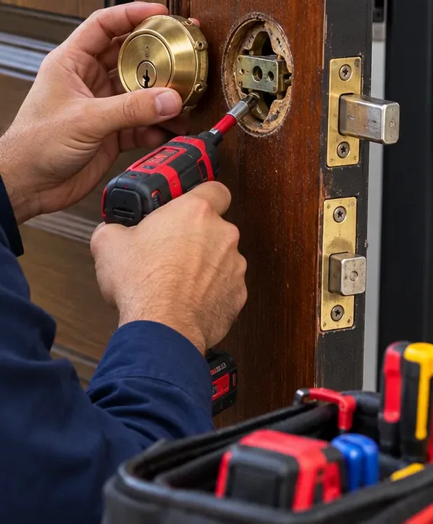 Removing an old brass deadbolt from a wood door ahead of a Morris Park Bronx smart lock Hand holding an old brass deadbolt cylinder while a red cordless driver backs out the screws behind it, removing a deadbolt before a Bronx smart lock install in Morris Park