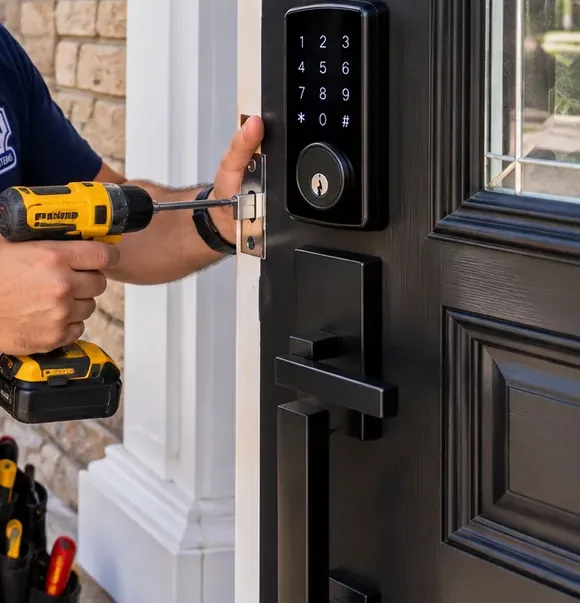 Driving latch faceplate screws on a black entry door with a keypad deadbolt in Morris Park Bronx Yellow cordless drill driving the screws of a latch faceplate on the edge of a black door that carries a keypad deadbolt and handleset, Morris Park, Bronx smart lock work