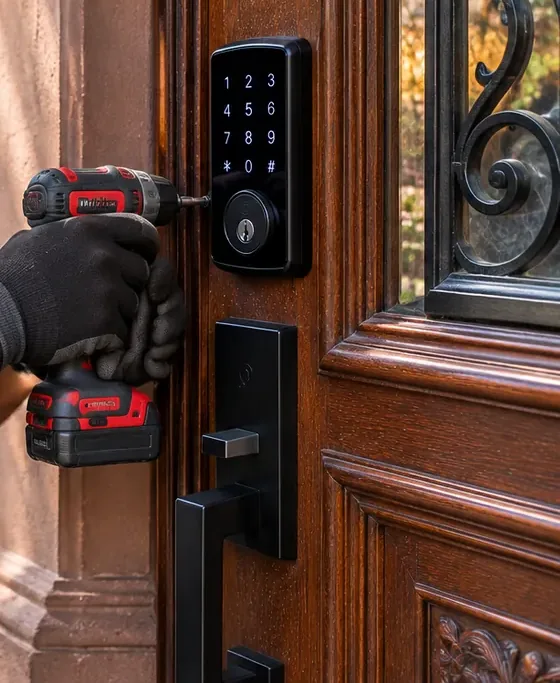 Gloved hand fitting a keypad deadbolt on a dark wood door, Morris Park Bronx smart lock Gloved hand holding a red cordless drill at the edge of a black keypad deadbolt on a dark wood door beside an iron window grille, smart lock fitting for Morris Park, Bronx