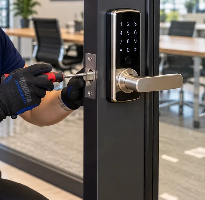 Keypad lever lock latch being tightened on a glass office door, Morris Park Bronx smart lock Gloved hands tightening the latch of a keypad lever lock on a black-framed glass door with a meeting table behind it, office smart lock installation in Morris Park, Bronx