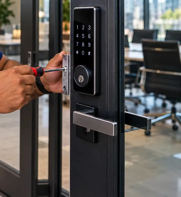 Fastening a faceplate on a metal-framed glass door with a keypad deadbolt for a Morris Park Bronx business Screwdriver fastening a steel faceplate on a black metal-framed glass door fitted with a keypad deadbolt and lever handle, business smart lock work for Morris Park, Bronx