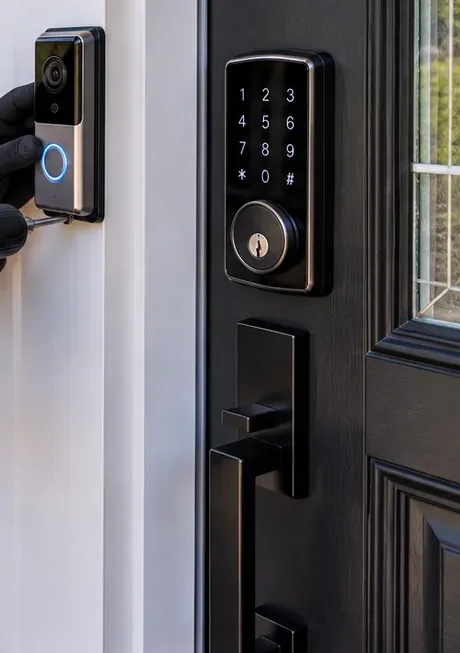 Video doorbell beside a keypad deadbolt on a black front door, Morris Park Bronx smart lock pairing Video doorbell mounted on white door trim beside a black front door with a keypad deadbolt and handleset, doorbell and smart lock pairing for Morris Park, Bronx