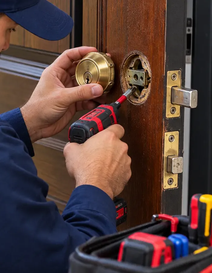 Old brass deadbolt being unscrewed from a wood door with a cordless driver before a smart lock is fitted, Mott Haven Bronx