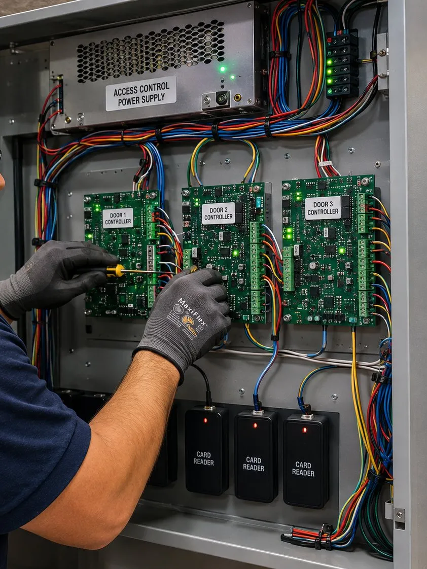 Gloved hands working on access control boards inside an open wall enclosure, Mott Haven Bronx