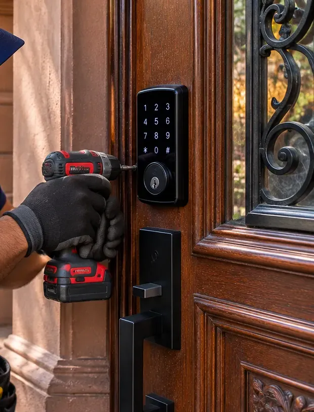 Gloved hand with a cordless drill fitting a keypad deadbolt on a wood rowhouse door beside stone steps, Mott Haven Bronx