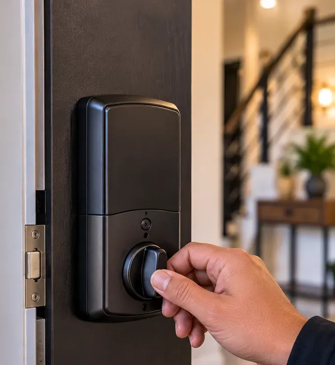 Fingers turning the thumb-turn on the interior unit of a smart deadbolt so the door opens from inside without a key, Mott Haven Bronx