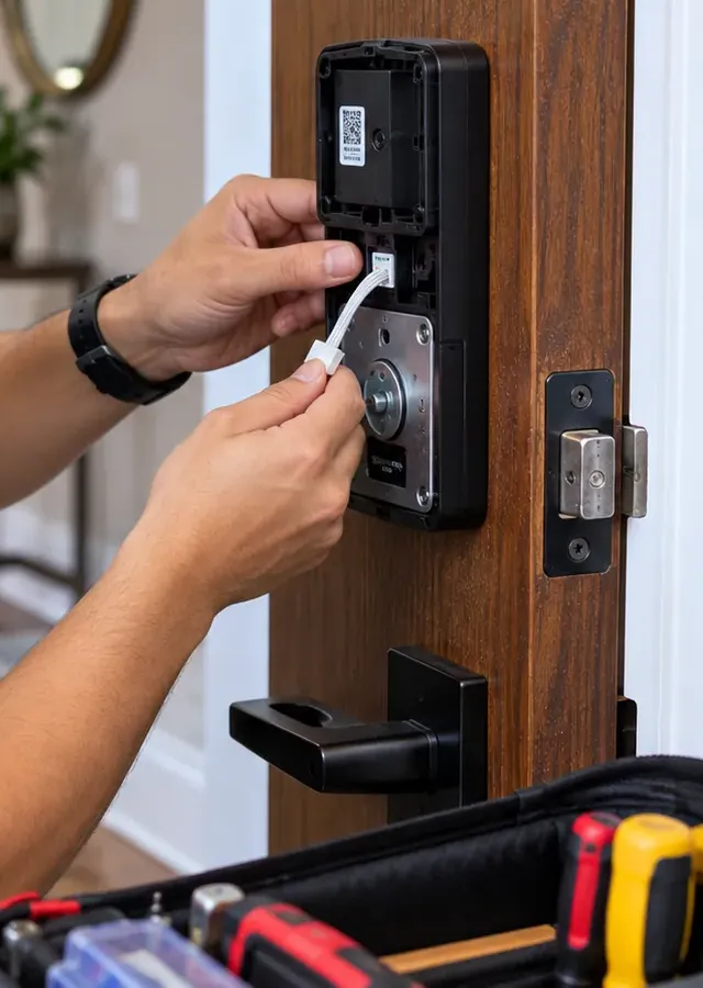 Ribbon cable from the outside keypad being seated in a smart deadbolt interior unit, Mott Haven Bronx