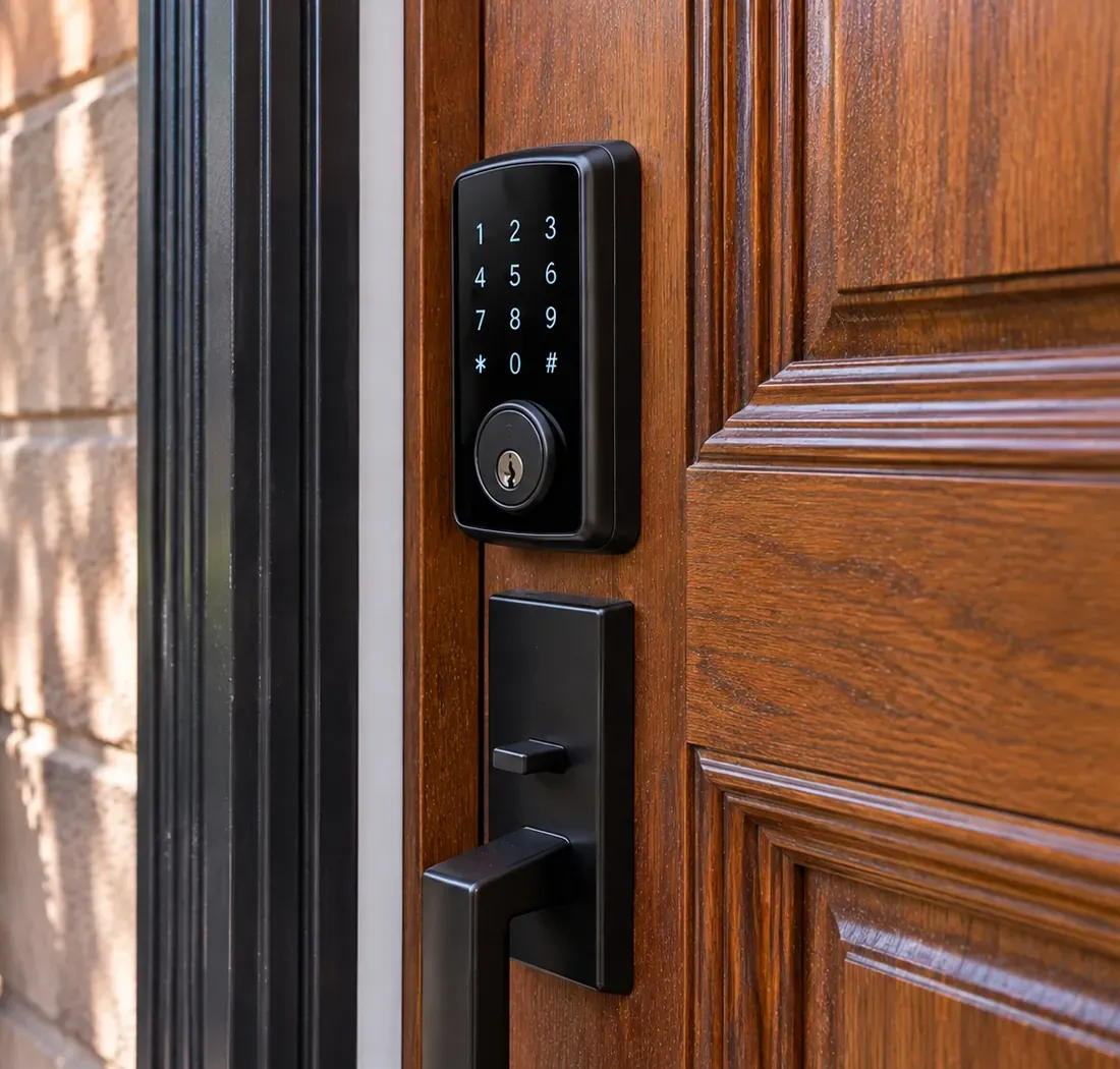 Black keypad smart deadbolt above a matching handle on a wood panel rowhouse door, smart lock installation in Mott Haven, Bronx