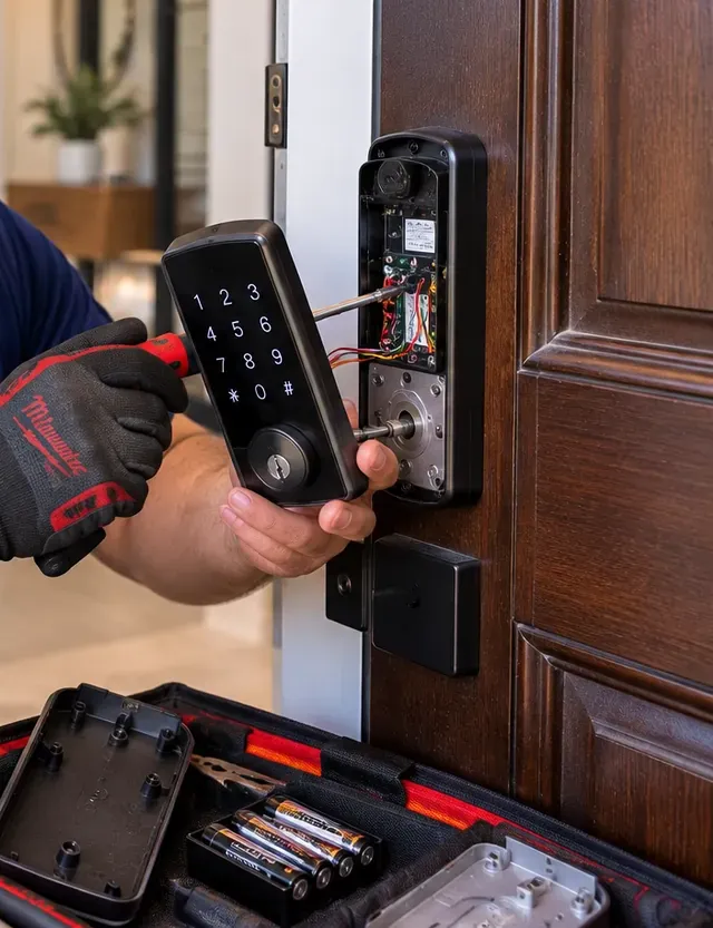 Keypad housing held off a wood door to check its connector during a smart lock service, Mott Haven Bronx