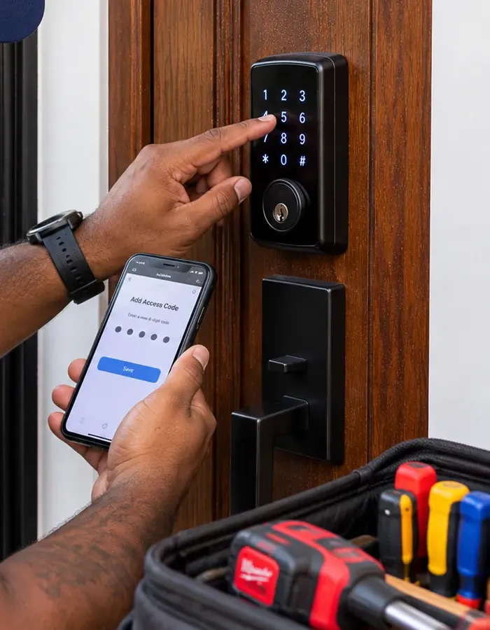 Finger entering a code on a smart deadbolt keypad while a phone shows the lock app below, Mott Haven Bronx