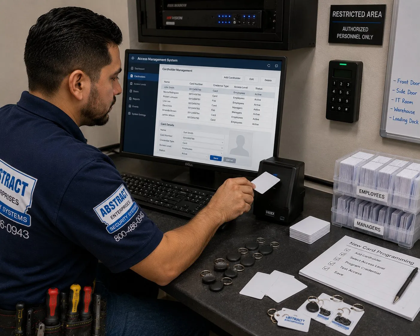 Enrolling staff cards and fobs β New Dorp, Staten Island Technician at a desk enrolling access cards and key fobs on a computer, with a card reader and keypad on the wall behind β New Dorp Staten Island staff access setup