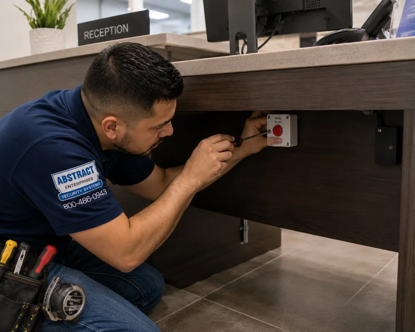 Button wired under a counter β New Dorp, Staten Island Technician wiring a red button under the edge of a reception counter β commercial security wiring alongside keyless doors in Staten Island