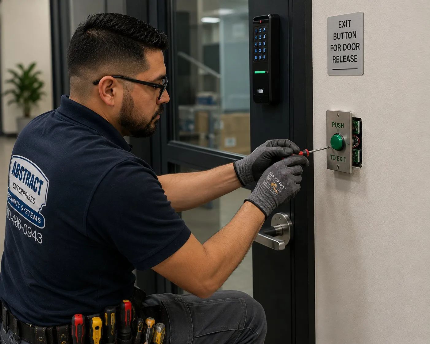 Push-to-exit button wiring beside a keypad reader — New York City business door Technician wiring a green push-to-exit button below a signed exit plate next to a keypad reader on a glass office door in New York City