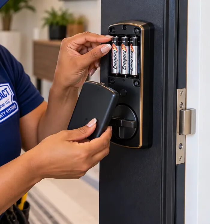 Replacing the battery pack in a smart deadbolt interior unit - Park Slope Brooklyn Fitting fresh AA batteries into the inside unit of a smart deadbolt, Park Slope Brooklyn smart lock service