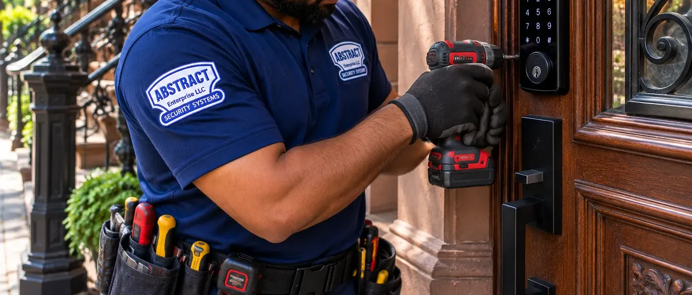 Drilling a keypad smart deadbolt into a brownstone-style front door - smart lock installation Park Slope Brooklyn Smart lock installation Park Slope Brooklyn: technician drilling a keypad deadbolt into a wood front door beside an iron stoop railing
