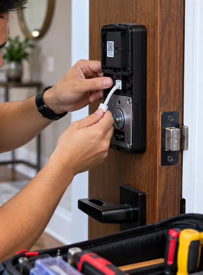 Connecting a smart lock interior unit cable - Park Slope Brooklyn smart lock installation Connecting the ribbon cable between outside keypad and inside unit of a smart lock, Park Slope Brooklyn